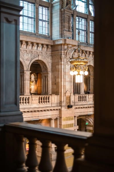 a chandelier hanging from the ceiling of a building